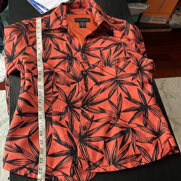Silk Land Orange and Black Leaf Print Button-Up Shirt - Picture 6 of 8